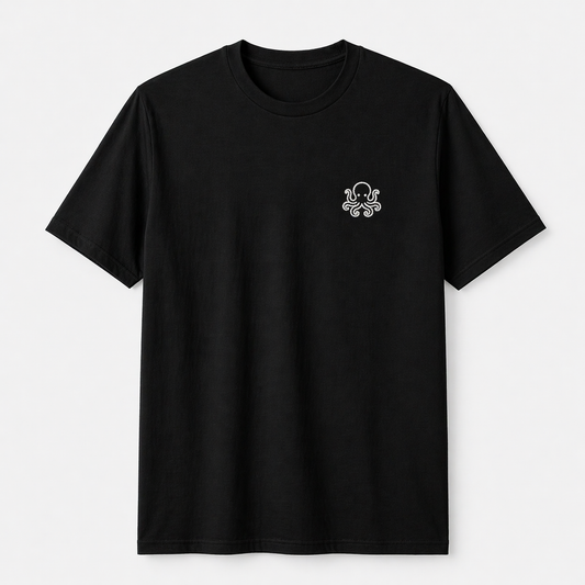 Black T-Shirt with White Octopus Embroidery