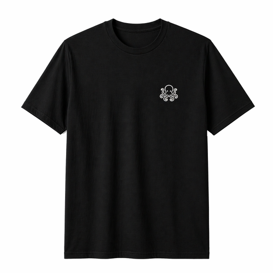 Black T-Shirt with White Octopus Embroidery