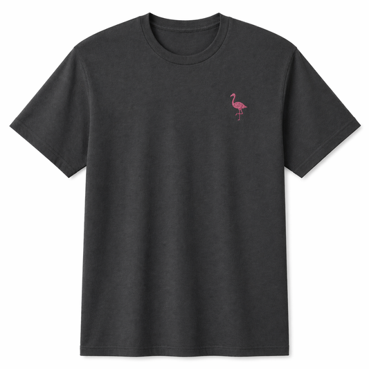 Dark Gray T-Shirt with Pink Flamingo Embroidery