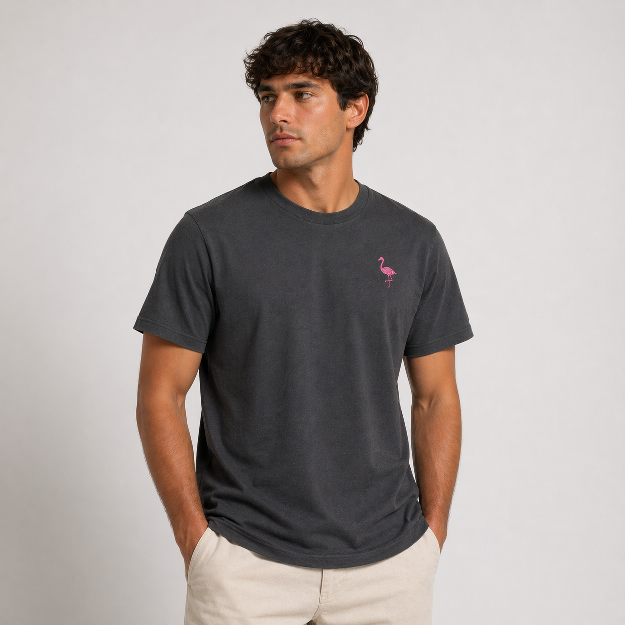 Dark Gray T-Shirt with Pink Flamingo Embroidery