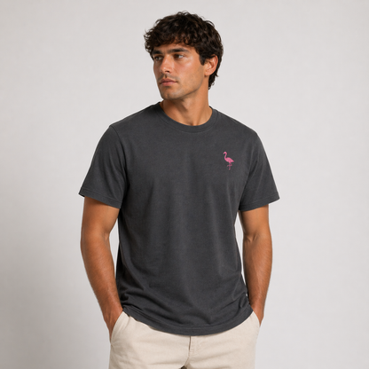 Dark Gray T-Shirt with Pink Flamingo Embroidery
