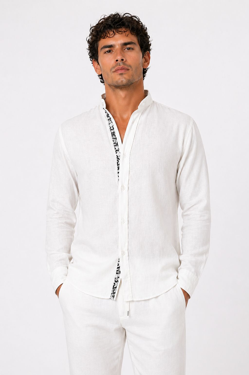 Linen Off white shirt with mandarin collar