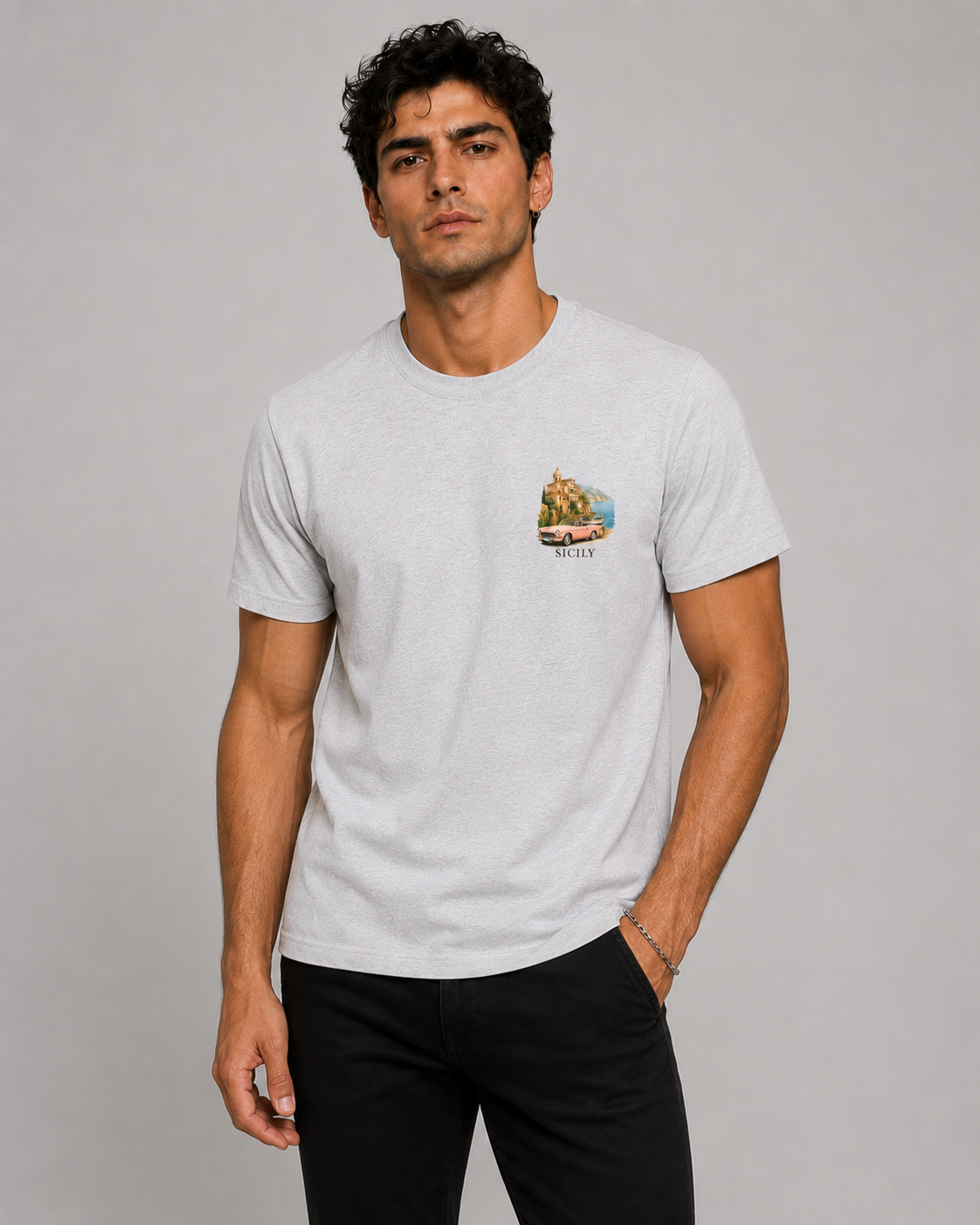 Men Printed T-Shirt  - Light Gray Sicily