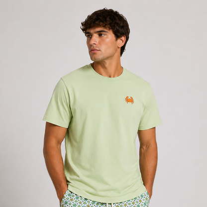 Sage Green T-Shirt with Orange Crab Embroidery
