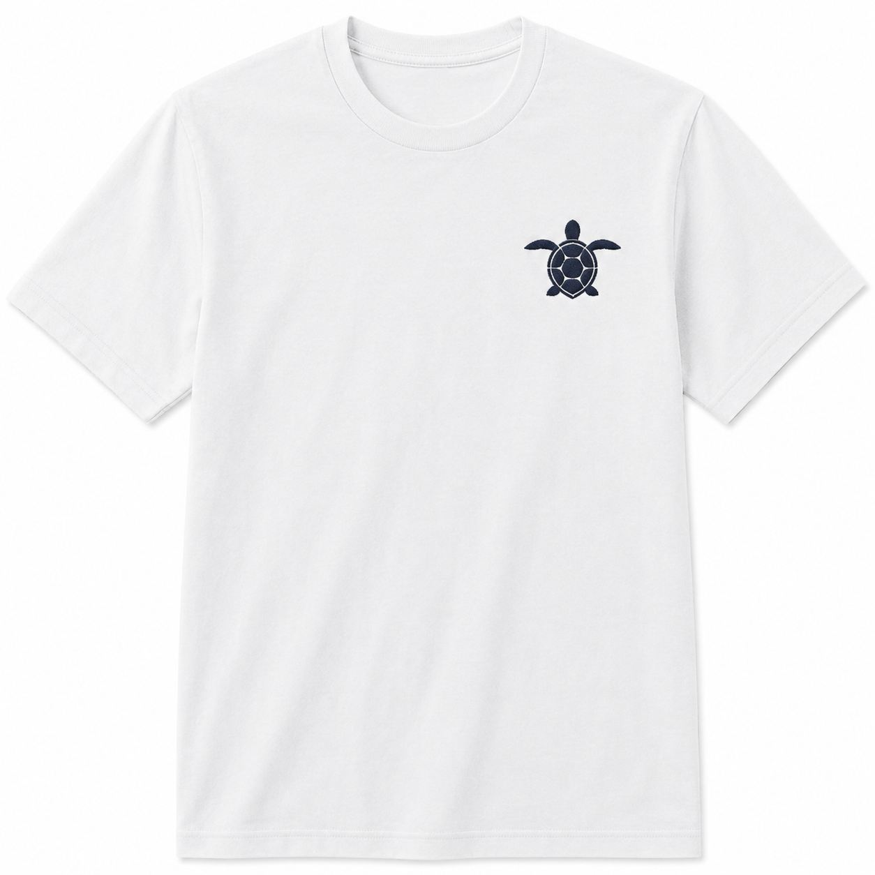 White T-Shirt with Blue Turtle Embroidery