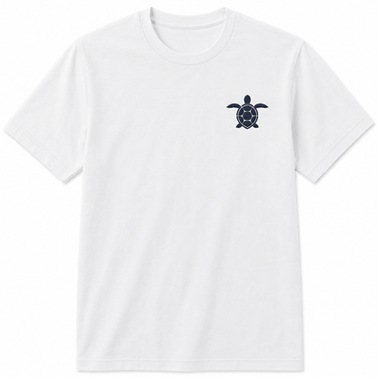 White T-Shirt with Blue Turtle Embroidery