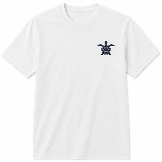 White T-Shirt with Blue Turtle Embroidery