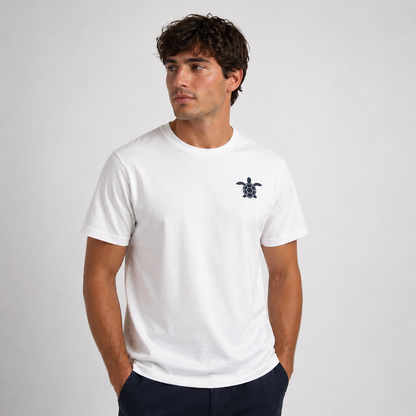 White T-Shirt with Blue Turtle Embroidery